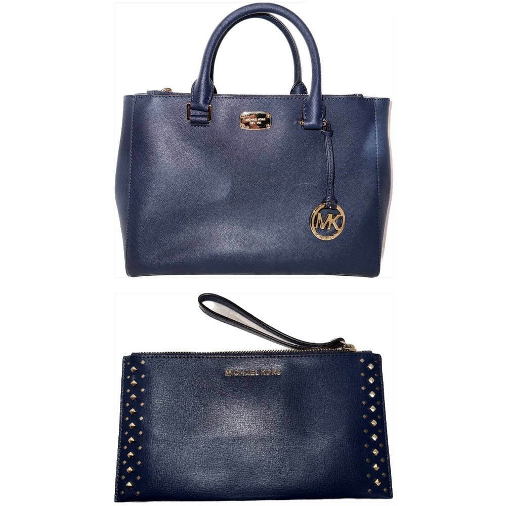 Michael Kors MD Tote/Crossbody Matching Large Zip Clutch Navy w/ Gold Accents